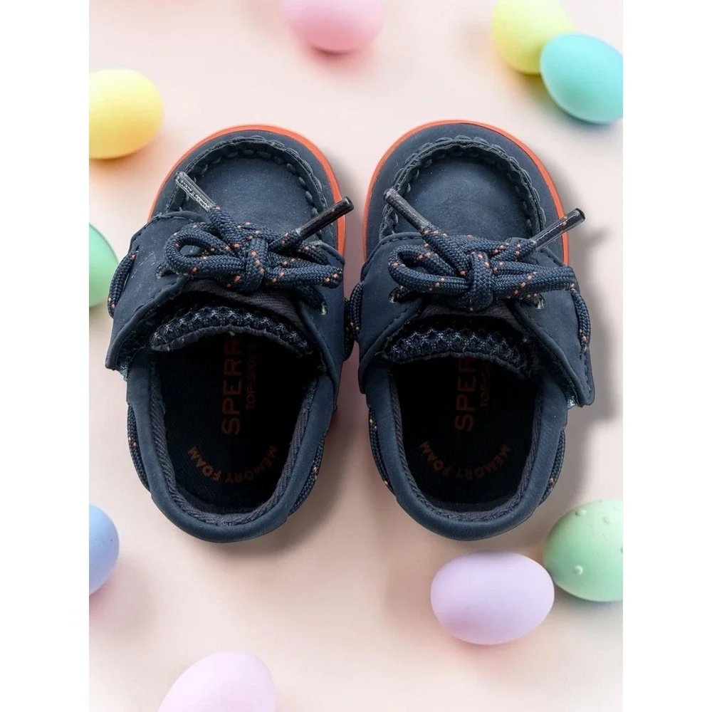Sperry Top-Sider Toddler Navy Orange Mesh Boat Shoes Loafers Memory Foam